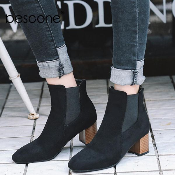 

boots bescone winter ladies ankle comfortable suede pointed toe square heel sh0oes slip-on handmade high women bm213, Black