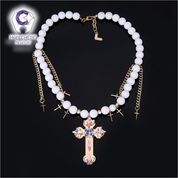 

chokers hancheng fashion beaded created crystal golden metal cross pendant choker necklace women necklaces statement collar jewelry, Golden;silver