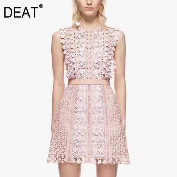 

[deat] summer fashion round neck high waist hollow out sleeveless solid color elegant dress women 13d015 210527, Black;gray
