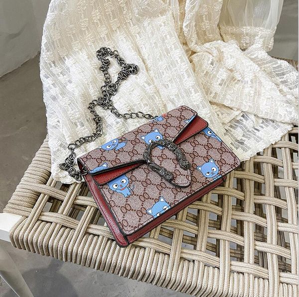 

wholesale women handbag cute sweet printed chain bag street trend contrast leather shoulder bags personality clamshell fashion handbags, Black;red