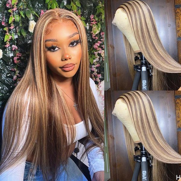 

highlight color long straight wig remy t part lace front human for women with baby hair wigs use special summer, Black;brown