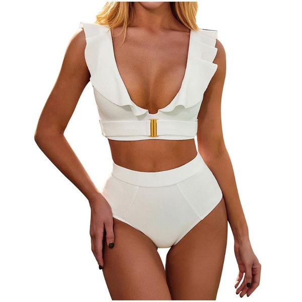 

women's swimwear bikini women swimsuit solid ruffled flounce separate stripe beach wear ropa mujer biquini feminino, White;black