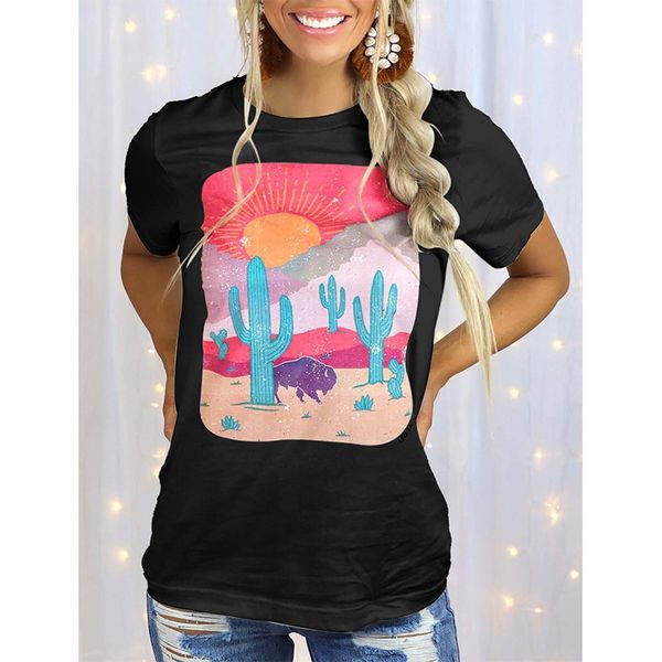 

summer women's cactus pink printed short sleeve t-shirt, White