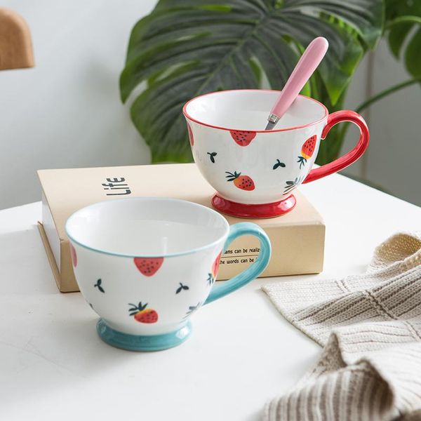 

strawberry cute water cup spoon ceramic mug coffee tea milk cups fashion gift bowls