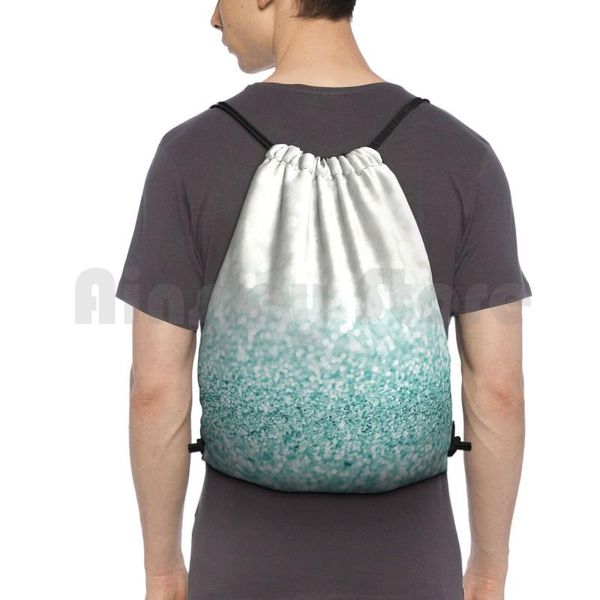 

light blue ombre glitter backpack drawstring bag riding climbing gym bokeh pattern mint teal turquoise pretty