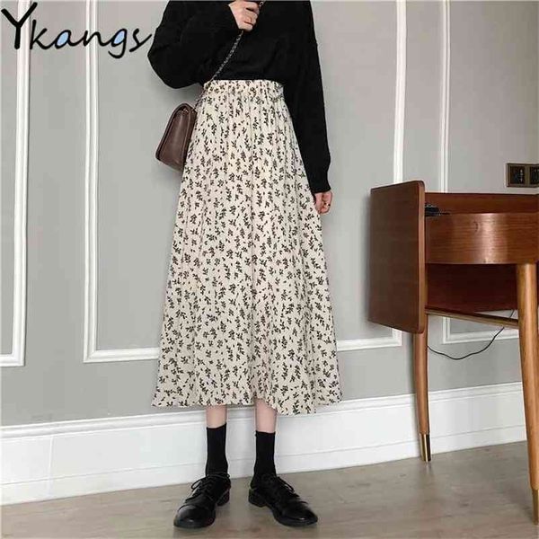 

high-waisted small floral temperamen woman black comfortable long a-line skirt korean style breathable spring and summer 210421