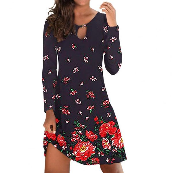 

casual dresses women dress o-neck floral soft printed autumn for daily wear 2021 vintage, Black;gray