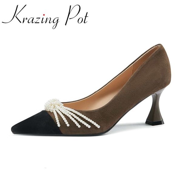 

krazing pot large size sheep suede pointed toe high heels shallow pearl mixed colors young lady daily wear women pumps l9f2 dress shoes, Black