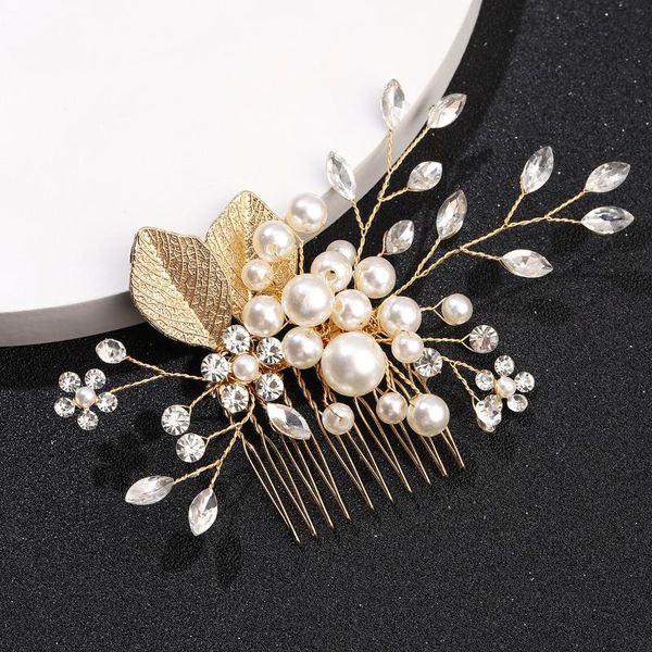 

hair clips & barrettes bride gold leaf comb handmade exquisite pearl pins super fairy piece for women girls bn, Golden;silver