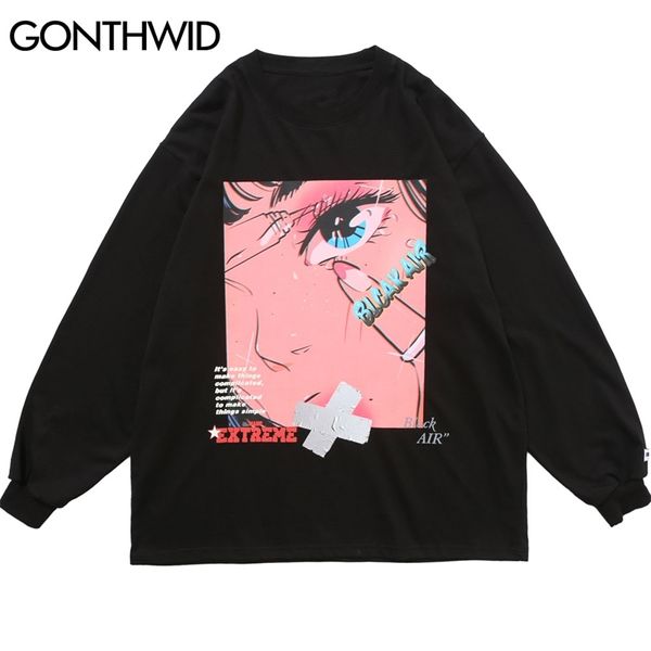 HARAJUKU Karikatür Kız Baskı Uzun Kollu Tees Gömlek Hip Hop Rahat Gevşek Tişörtleri Streetwear Erkek Moda Erkek Tops Erkek 210602