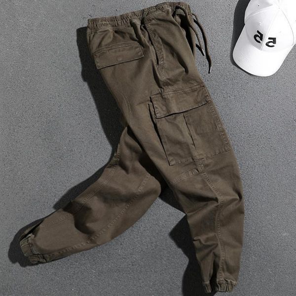 

men's pants autumn casual loose drawstring multi-pocket ankle banded working youth all-matching fashionable trousers, Black