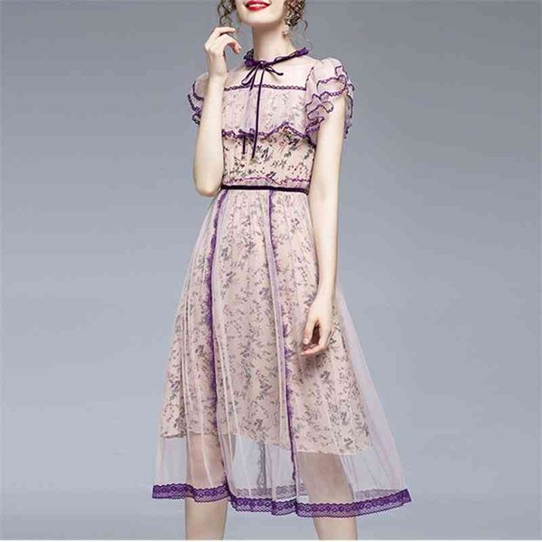 

arrival fashion ruffled mesh dress women summer lace hollow out patchwork es vintage elegant mid-calf vestidos 210520, Black;gray