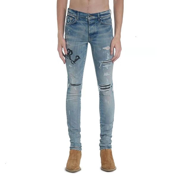 

am 2021 blue hole slim fit small foot slp denim pants men's high street fashion brand goods