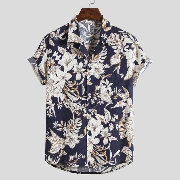 

men's casual shirts hawaiian floral shirt for men short sleeve print linen blouse button up down-collar lapel drop, White;black