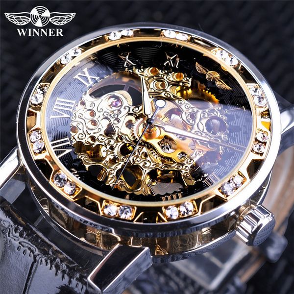 

winner watch men's fashion leisure classic popular diamond hollow manual mechanical, Slivery;brown