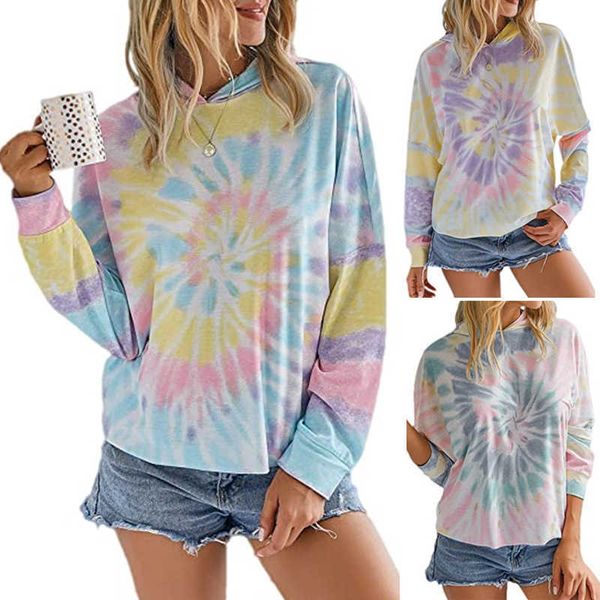 

hoodies women autumn tie-dye print sweatshirts oversized casual gradient hooded loose long sleeve female plus size 210526, Black