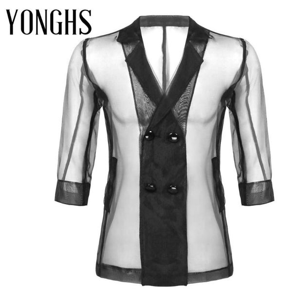 

mens shirts fashion lapel collar 3/4 sleeves see through sheer shirt double-breasted transparent coat for party nightclub men's casual, White;black