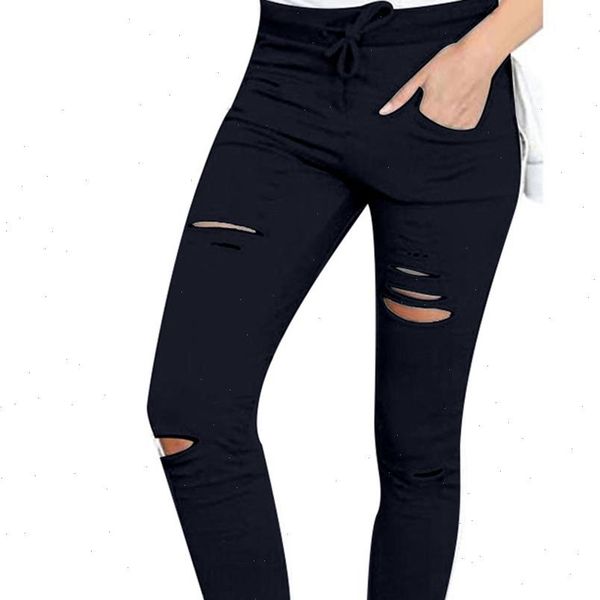 

plus size solid color womens legging trousers drawstring high waist pencil pants ripped skinny sports leggings, Black