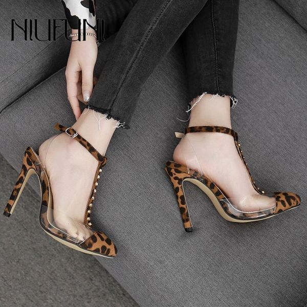 

leopard stiletto women's sandals t-shaped transparent rivets 2021 casual pointed high heels hollow niufuni shoes woman, Black
