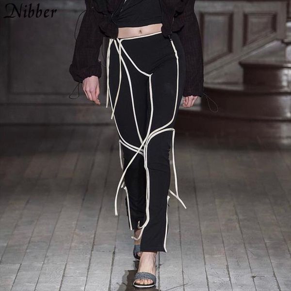 

nibber pencil high waist womens capris tights solid color casual personality trousers bandage fashionable street style, Black;white