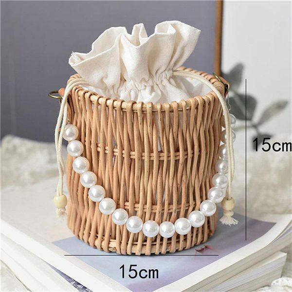

evening bags round woven straw for women summer pearl chain handmade rattan beach handbag travel bohemia female shoulder crossbody bag