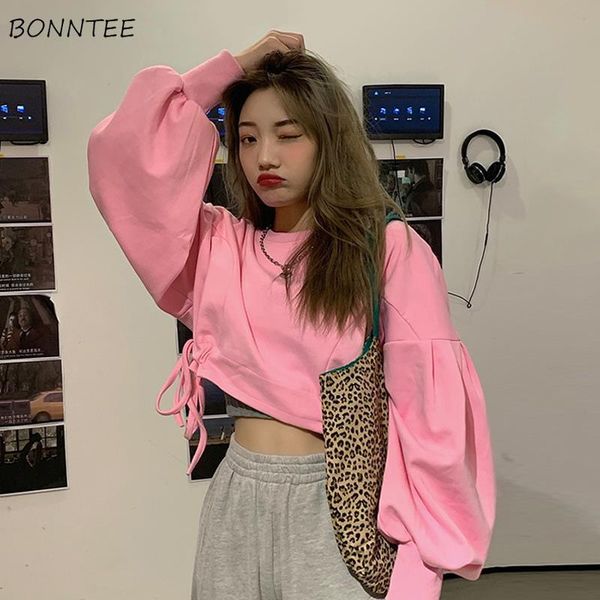 

cropped sweatshirts women puff sleeve o-neck loose fashionable autumn casual lazy all-match chic stylish ladies hoodies ins women's &, Black