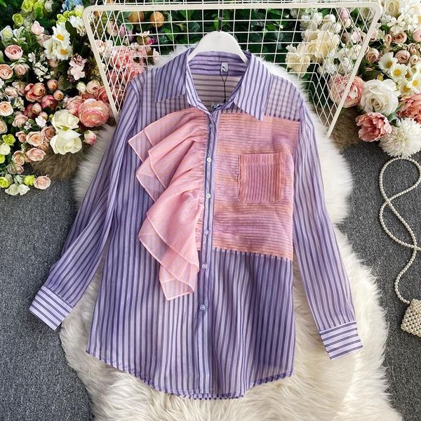 

design sense fashion ruffles striped shirt for women spring and autumn loose thin sneaky long-sleeved women's blouses & shirts, White