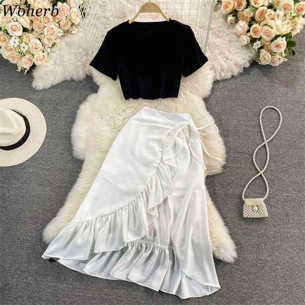 

two piece set women o neck short t shirts high-waist irregular ruffle fishtail bodycon skirts temperament suits female 210519, White
