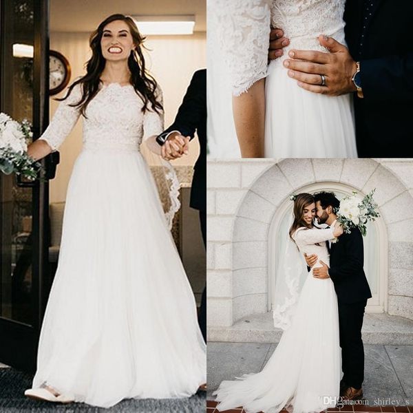 Abiti da sposa vintage abito da sposa sweep treno una linea su misura per più dimensioni scollali smerlati 1/2 mezze maniche giardino vestido de noni 2022 semplice