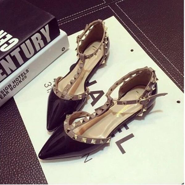 

ladies patent leather t-strap sandals with rivets cover heel shoes fashion 2021 arrivals pointed toe sandalias flats red 46, Black