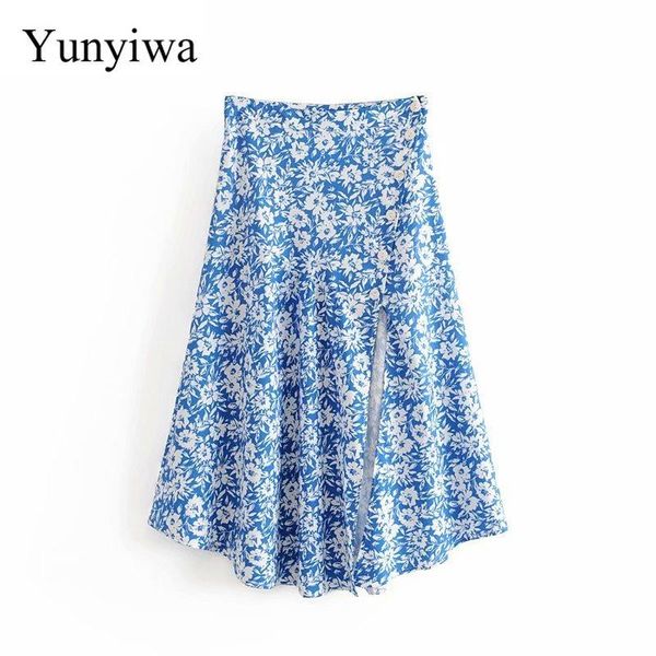 

skirts 2021 women fashion floral print blue skirt faldas mujer ladies chic buttons split asymmetrical, Black