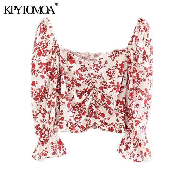 

women sweet fashion floral print ruffled cropped blouses v neck half sleeve female shirts blusas chic 210420, White