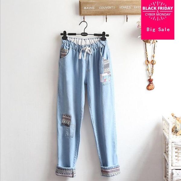 

japan style mori girl cuffs jeans 2021 summer wild casual patchwork denim pants lace up college straight trousers l464 women's, Blue