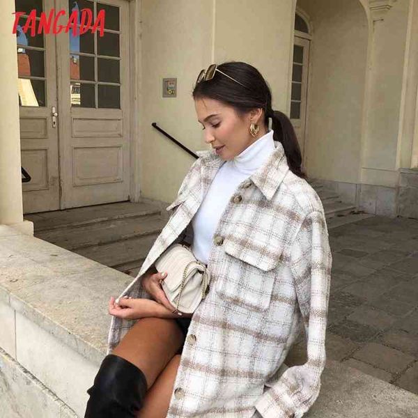 

tangada women boyfriend style plaid thick coats jacket loose long sleeves pocket ladies elegant coat qj56 201224, Black