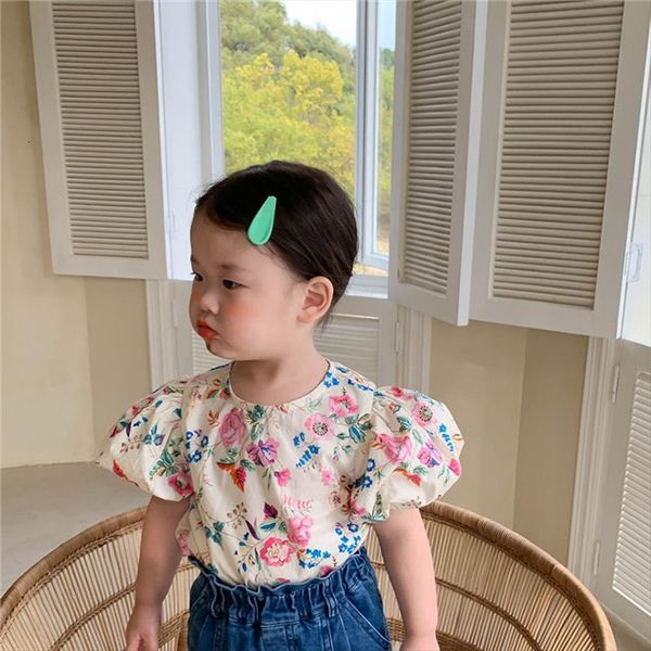 

summer girls shirt floral kids korean children tees puff sleeve clothes, Blue