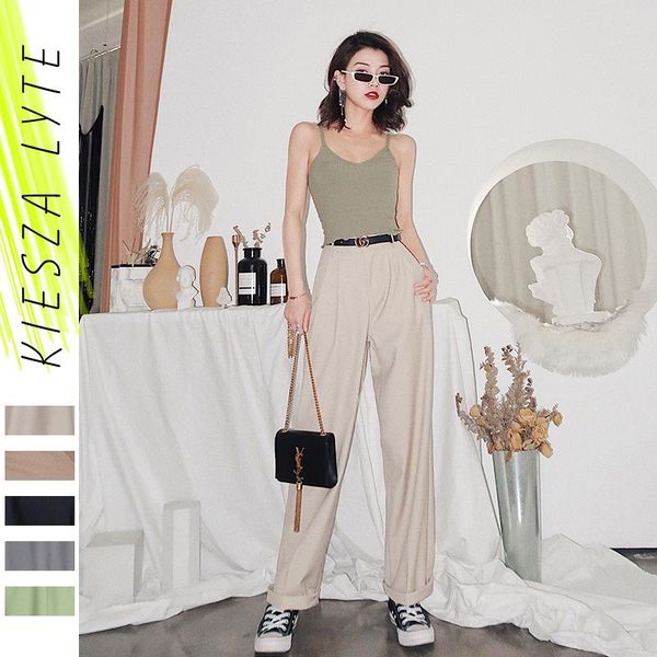 

women's pants & capris women casual 2021 spring summer simple solid loose straight long tube trousers femme, Black;white
