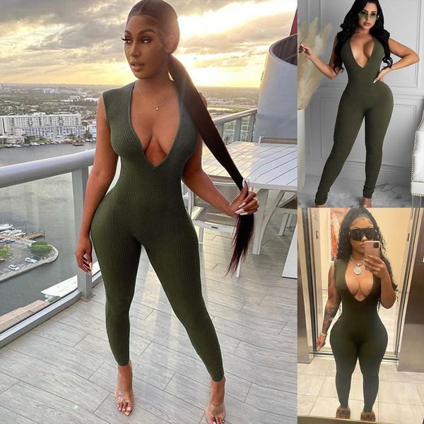 

womans playsuit fashion solid color womens jumpsuits elegant deep v backless tight knitted long sleeve outfits for women, Black;white