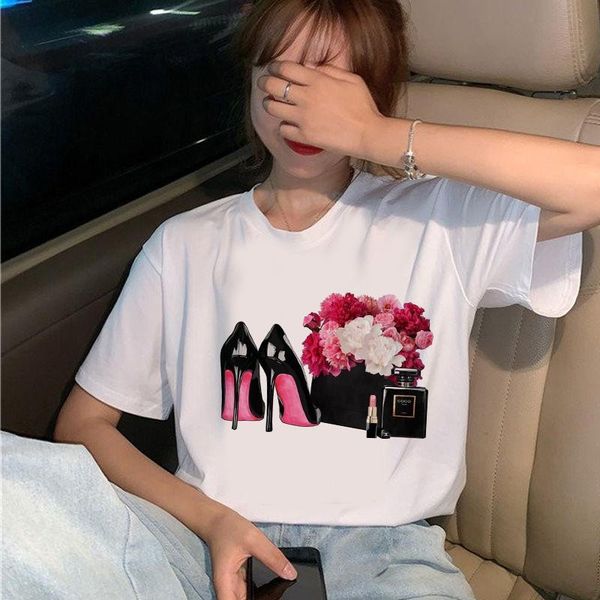 

women's t-shirt high-heeled shoes print white t shirt women korean fashion tshirt summer short sleeve streetwear clothing tee for femal