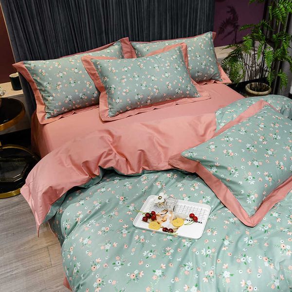 

new jet cotton satin four piece set small fresh quilt cover fitted sheet 1.8m pure cotton bedding