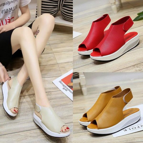 

summer fashion sandals casual fish mouth thick bottom hook & loop solid back strap wedges med 3cm-5cm large size breathable, Black