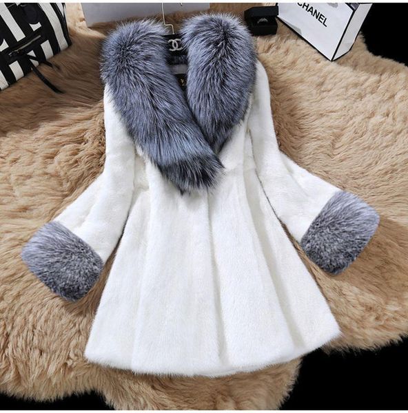 

women's fur & faux mink coat collar winter fashion thick clothes luxury ladies fluffy 2021 v-neck warm outerwear, Black