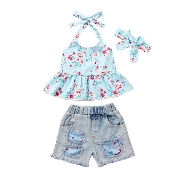 

baby girl suit summer child sling floral + ripped denim shorts 2-piece set fashion casual suits for clothing sets, White