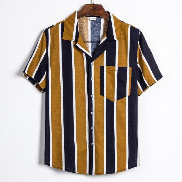 

men's casual shirts -3xl2021 style all-match square collar loose cotton and linen vertical stripes short sleeves shirt, White;black