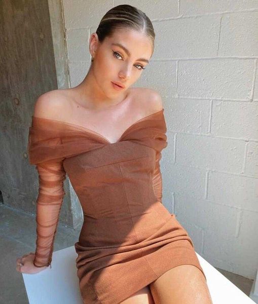 

women designer mesh ruched bandage dress winter ladies brown elegant off the shoulder bodycon party vestido 210527, Black;gray