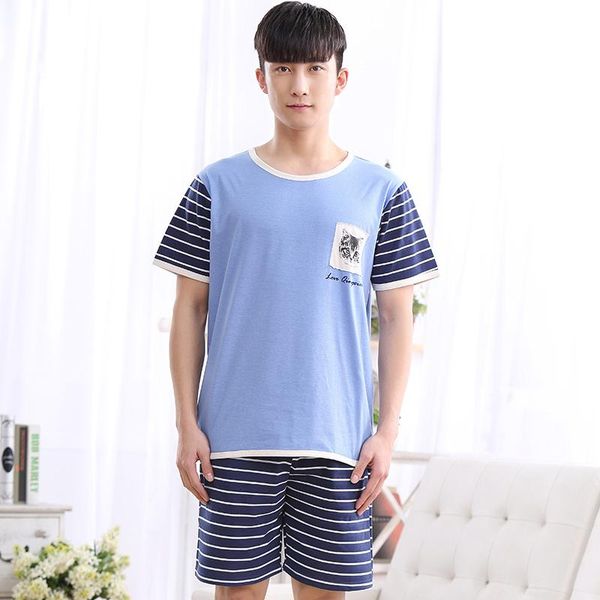 

men's sleepwear 1077 summer pajama cat pattern blue + stripe short pants, Black;brown