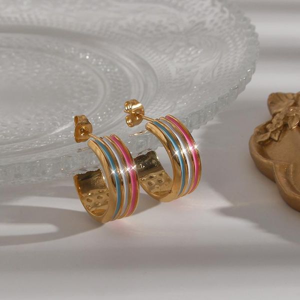 

hoop & huggie 2021 summer colorful enamel stripe texture small earrings for women hypoallergenic girl's trendy gold chunky, Golden;silver