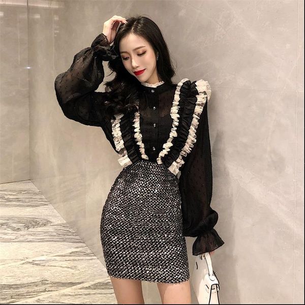 

turtleneck patchwork lace ruffles full women shirt flare sleeve chic chiffon for girls gt674, White