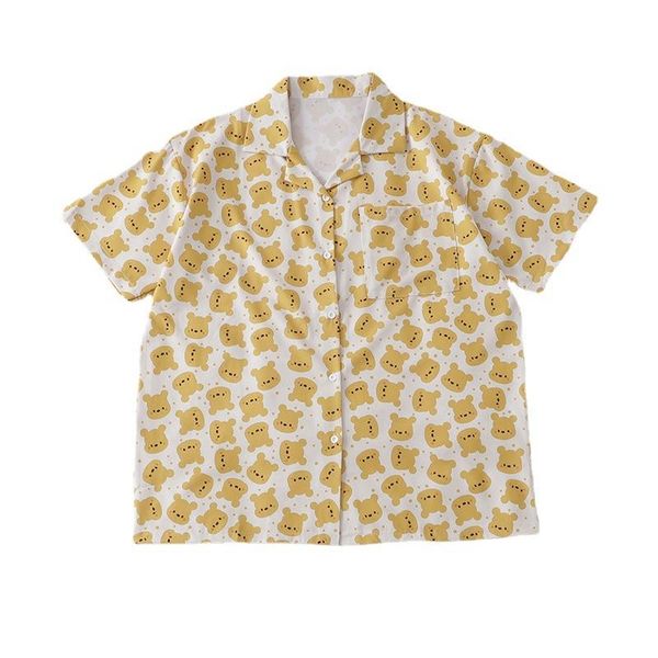 

women's blouses & shirts casual loose shirt summer preppy style bear print single-breasted girl chiffon, White