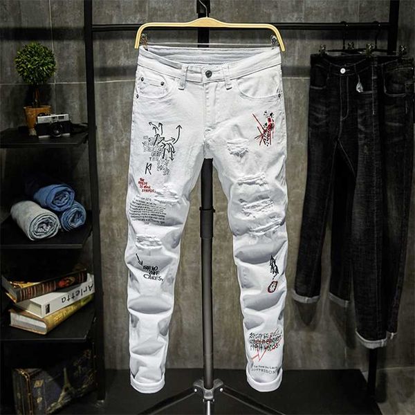 Männer Jeans Mode Trendy Stickerei Buchstaben Männer College Jungen Skinny Runway Reißverschluss Denim Hosen Zerstört Zerrissene Schwarz Weiß 211108