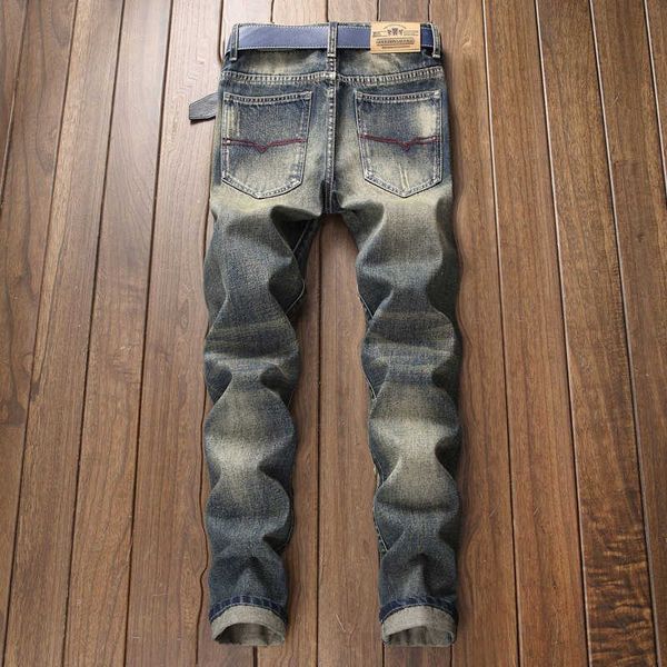 

men's jeans jeans men streetwear ripped vintage slim fit straight fashion retro hip hop male cotton knee holes casual denim rqrt, Blue